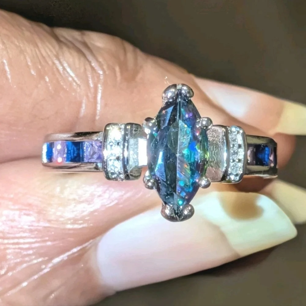 925 Sterling Silver Rainbow Fire Mystical Topaz + Amethyst Wedding Ring Sz 6