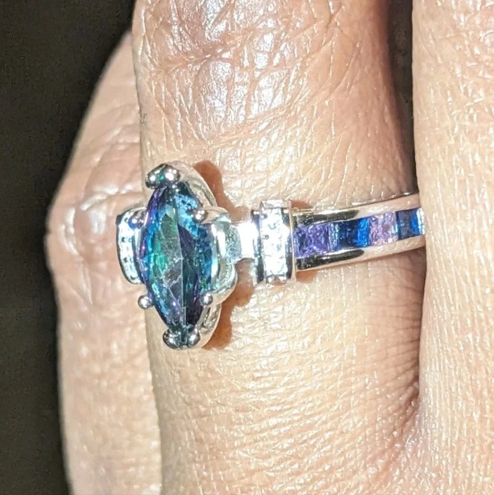 925 Sterling Silver Rainbow Fire Mystical Topaz + Amethyst Wedding Ring Sz 6