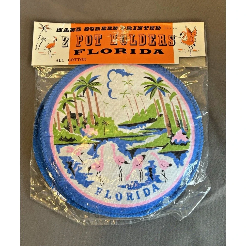 Vintage Hand Screen Printed Set of 2 FLORIDA Cotton Pot Holders ‎ Flamingo Palms