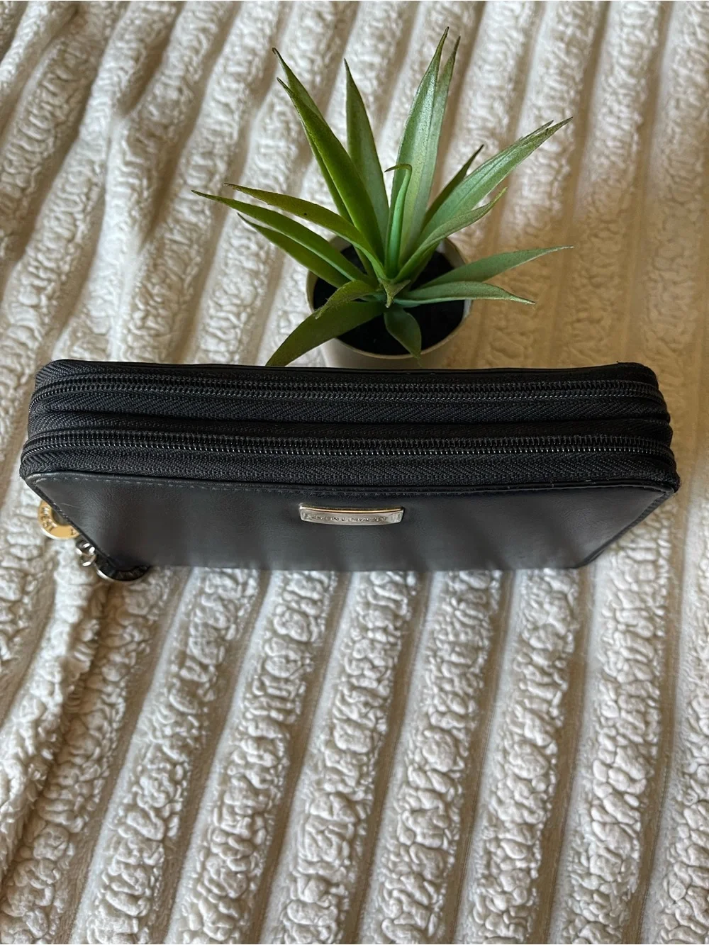Nine West Black Zip-Around Clutch Wallet with Gold Logo