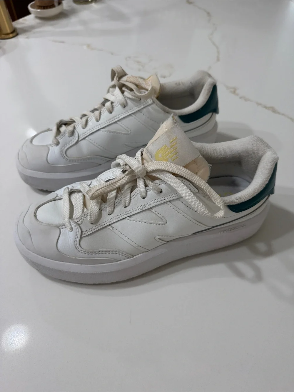 New Balance Men’s CT302 White Leather Sneakers with Teal Heel Unisex | 7