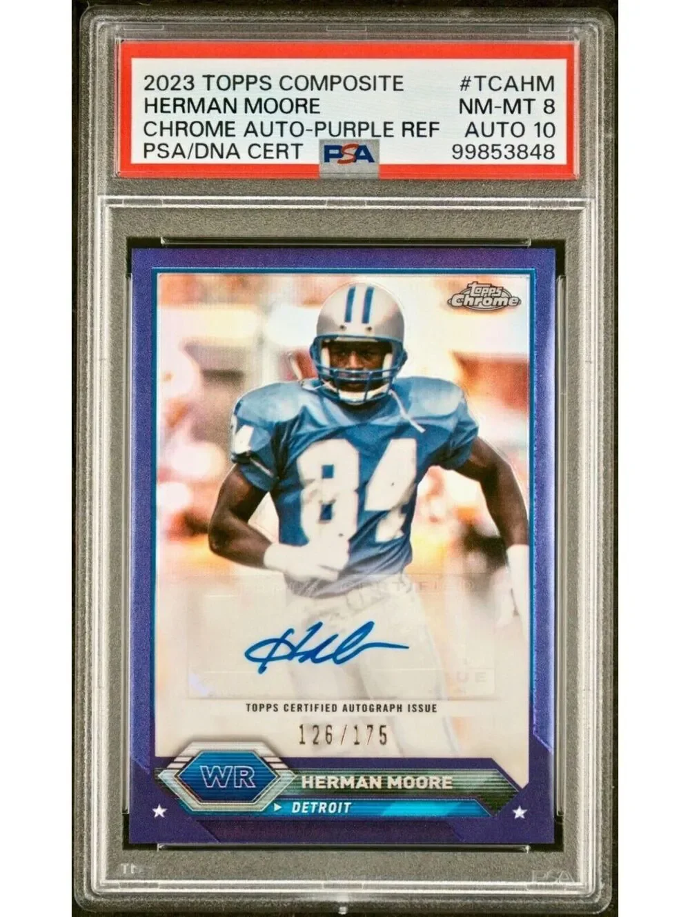 Herman Moore 2023 Topps Chrome NFL Purple Refractor 126/175 PSA 8 Auto 10