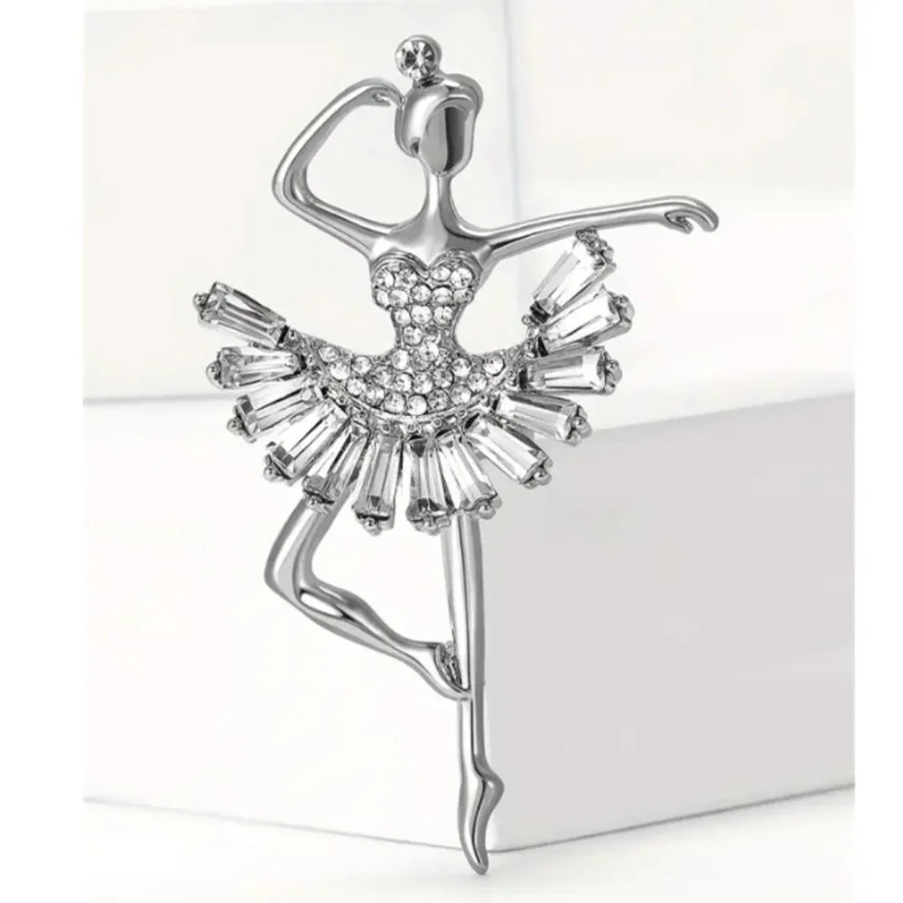 Elegant Silver and  Rhinestone Ballerina Dancer Brooch