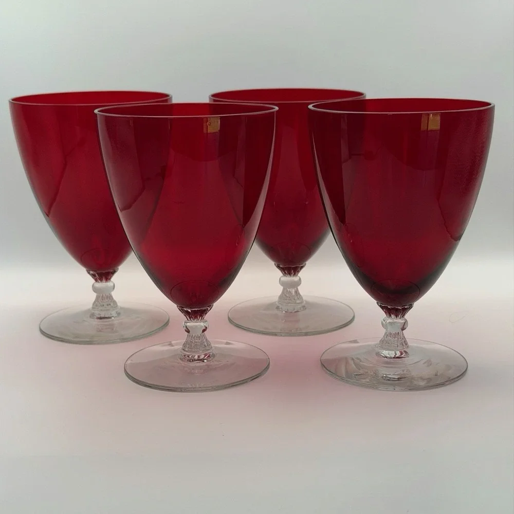 Vintage Cranberry‎ Red Glass Goblets Set 4 Clear Stem Water Wine Glasses 5.25