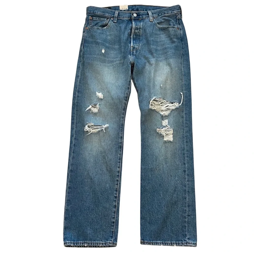 Levis 501 Original Fit Straight Leg Distressed Blue Denim Jeans‎ Mens 34x30