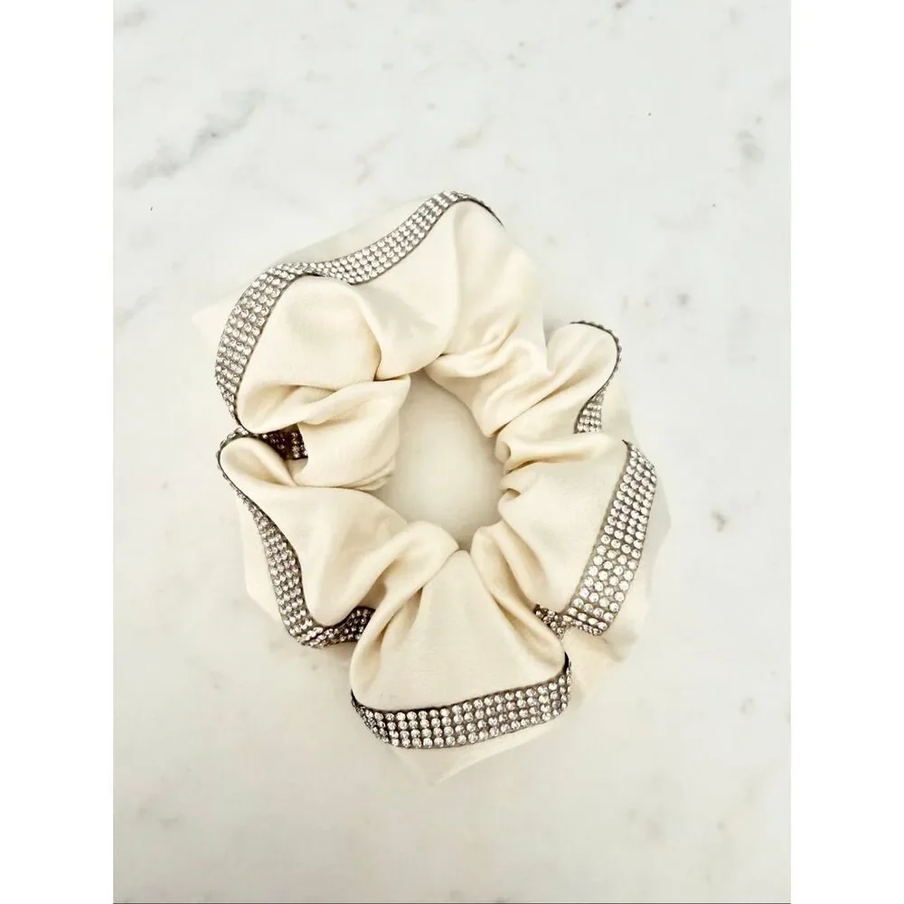 Nordstrom Ivory Satin Rhinestone Trim Oversized Scrunchie Hair Tie
