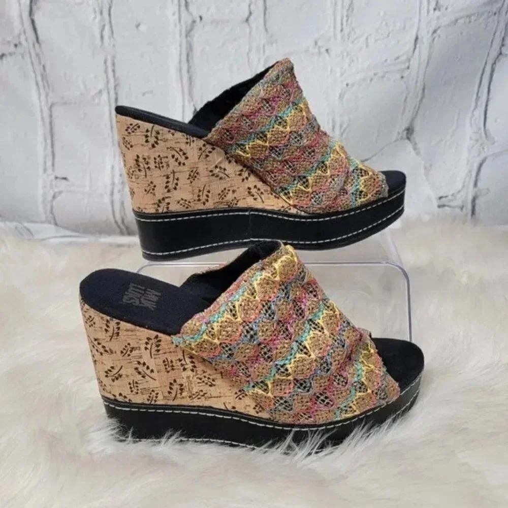 Muk Luks Womens Payton‎ Platform Wedge Sandal Boho Slip On Woven Peep Toe Sz 10