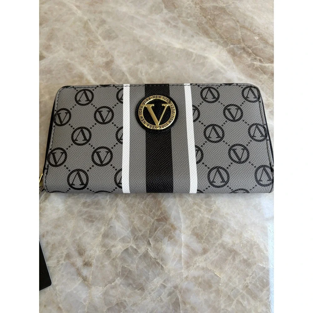 Vera Neumann Signature Zip Around Wallet Logo Grey Black VNWS22962 New NWT
