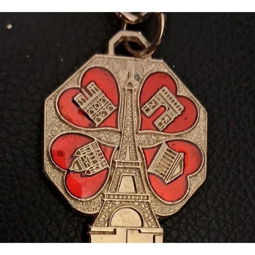 Vintage Paris France Keychain Metal Bag Charm Red Blue Key RARE‎ HTF