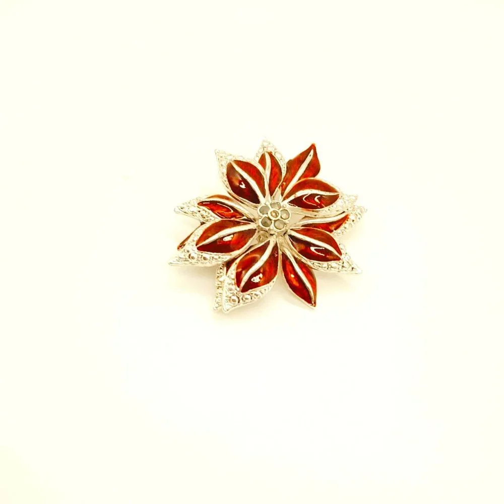 Silver Red Enamel Poinsettia Brooch Women's Floral Pave' Rhinestone Pin Jewelry