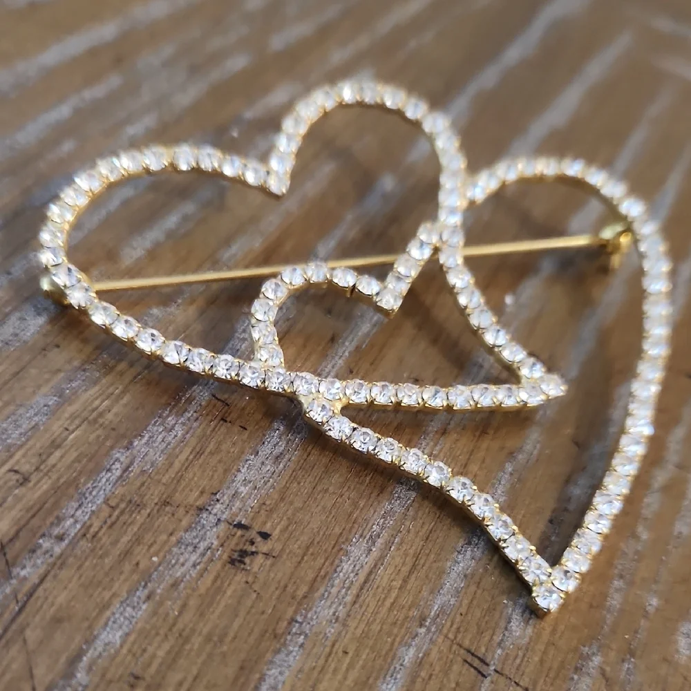 Gold Heart-Shaped Brooch with Crystals