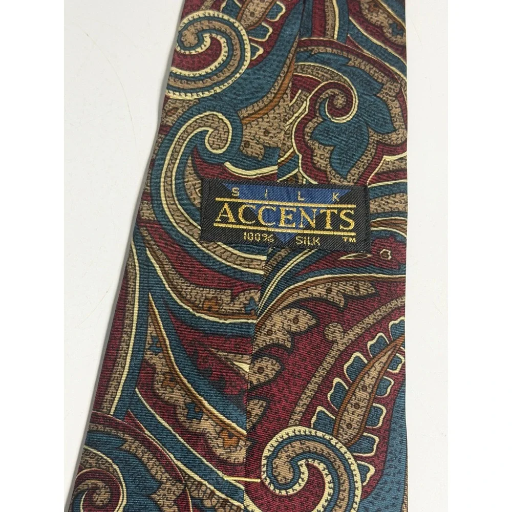 VTG Silk Accents Necktie Burgundy Blue Gold Paisley Formal Wedding Mens One Size