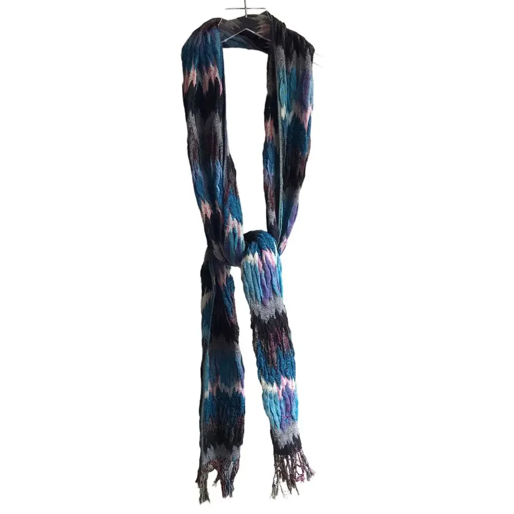 Blue Zig Zag Knit Scarf Fringed Marled Rectangular Wrap Warm Cozy Cabincore
