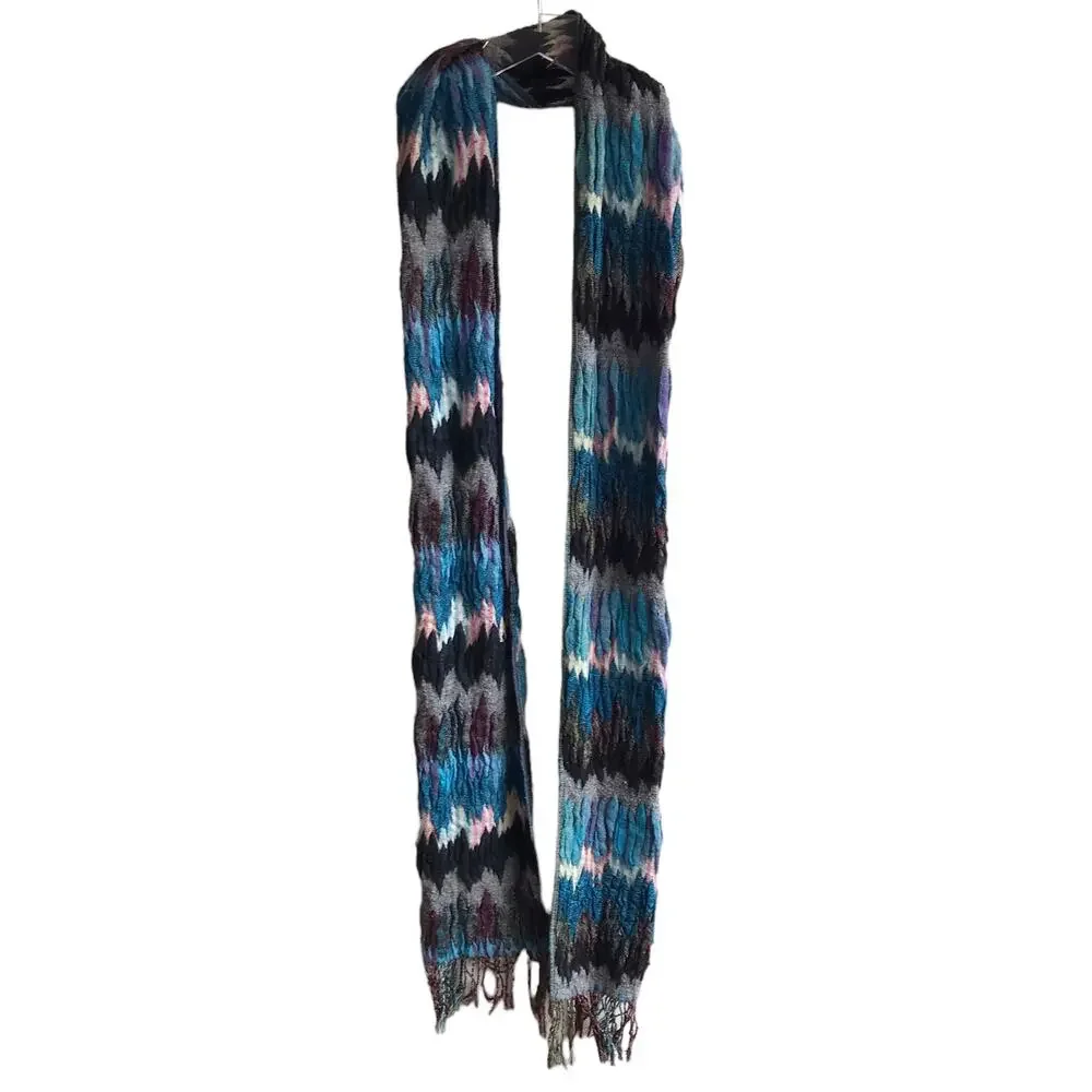 Blue Zig Zag Knit Scarf Fringed Marled Rectangular Wrap Warm Cozy Cabincore