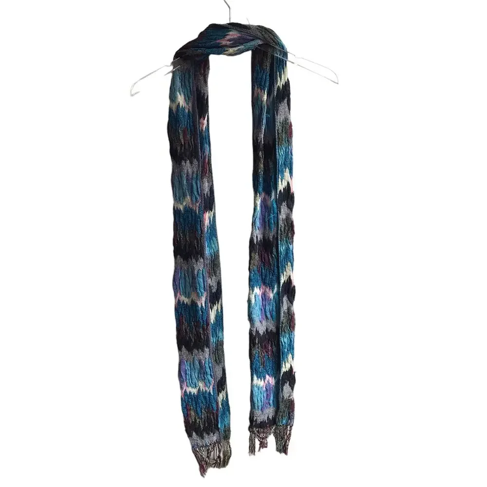Blue Zig Zag Knit Scarf Fringed Marled Rectangular Wrap Warm Cozy Cabincore