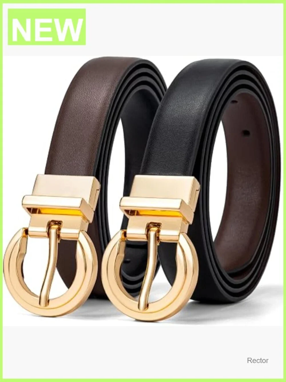 Reversible Faux Leather Belt with Rotating Gold Buckle