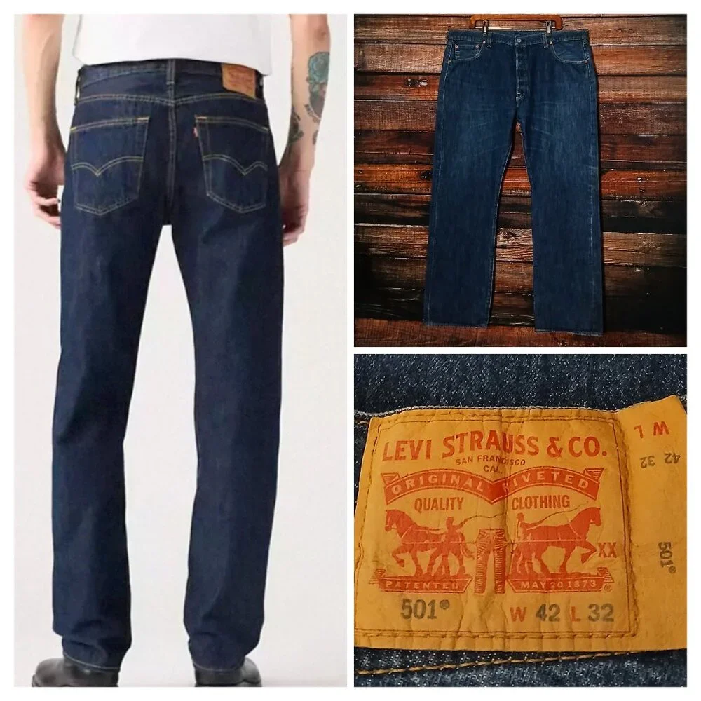 Levis 501 Jeans Mens 42X32 Original Button Fly Dark Wash Denim