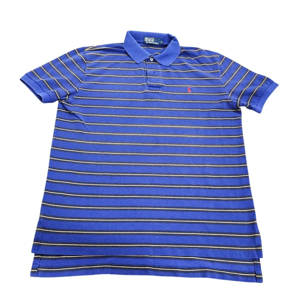 Polo Ralph Lauren Mens Blue Striped Short Sleeve Pique Polo Shirt Size L