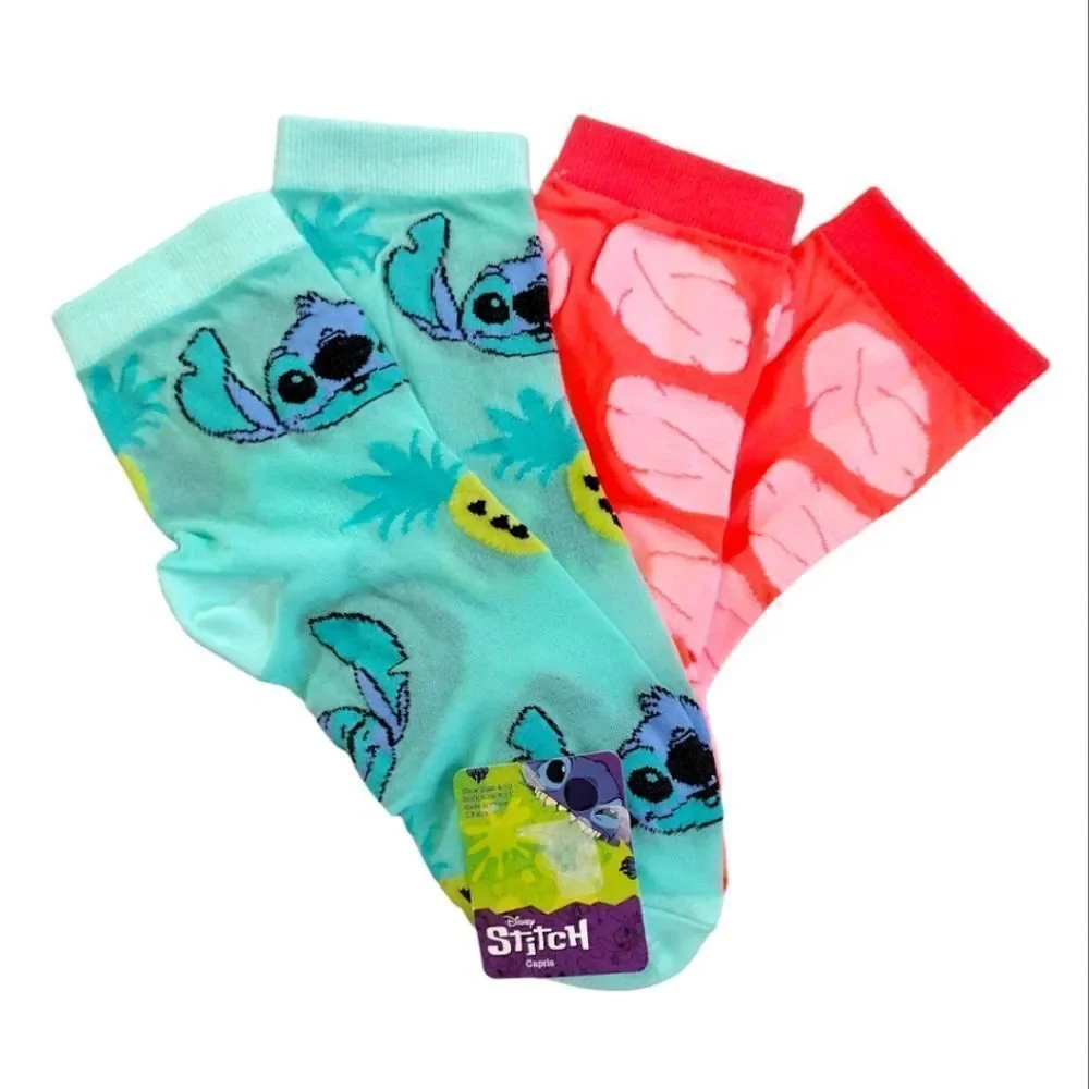 Disney Neon Stitch Prints 2 Pairs Nylon Mid Crew Capri Socks‎ NWT