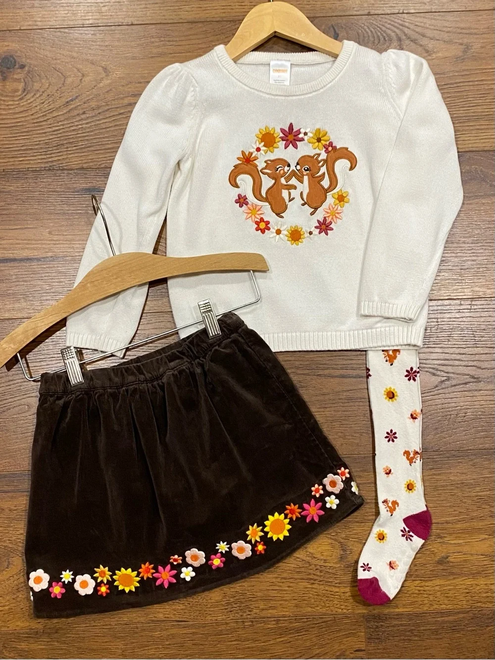 Gymboree Girls ‘Happy Harvest’ 3-piece Ivory & Brown Squirrel Skort Set Size 5T