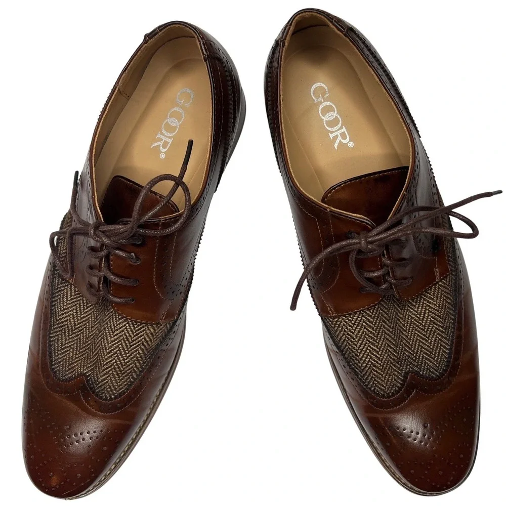 Goor Mens Brown Wingtip Oxford Dress Shoes Herringbone Brogue GS1069-333 Size 12