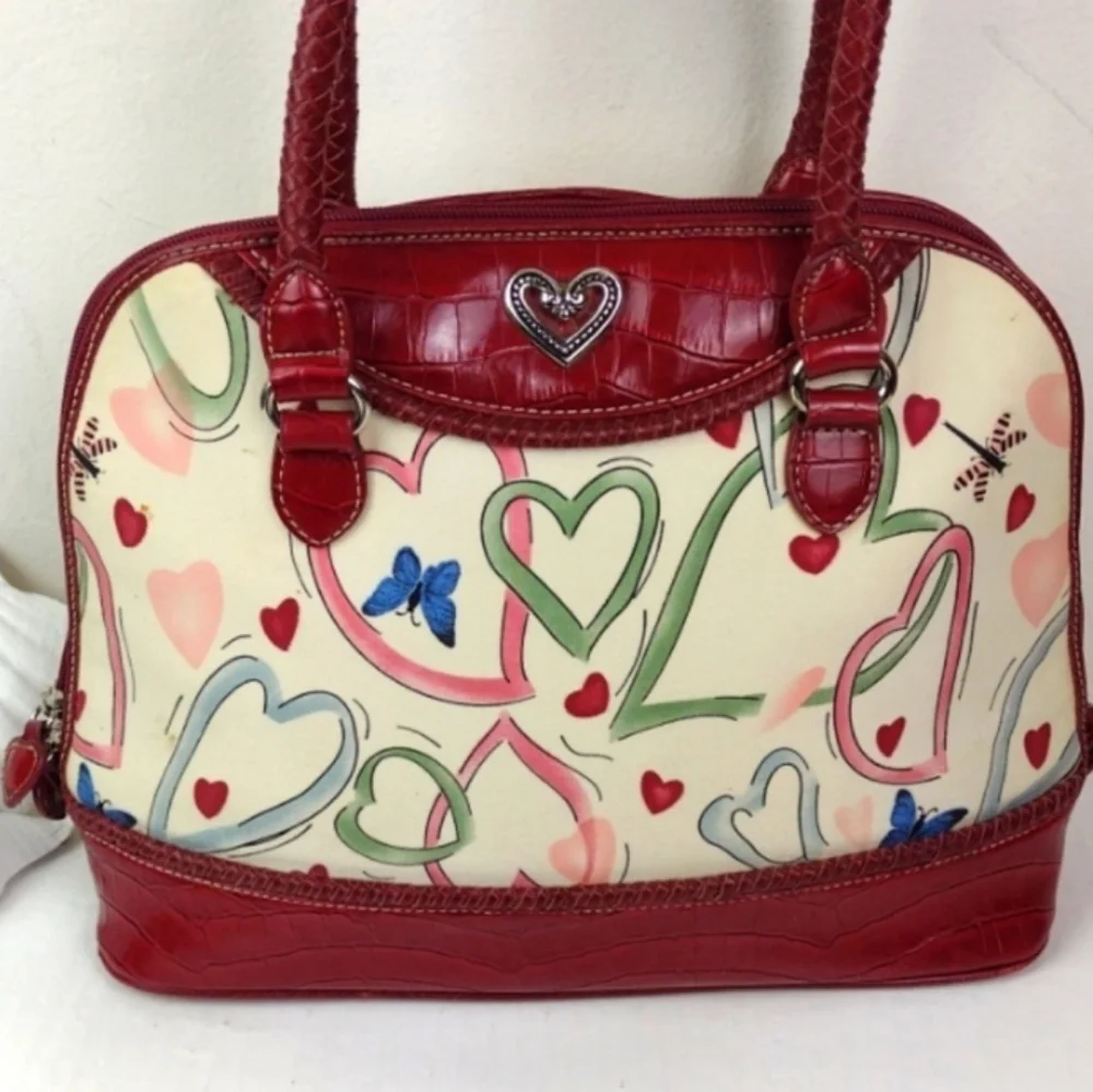 Brighton-esque Whimsical Heart Butterfly Croc-Embossed Leather Trim Purse Bag