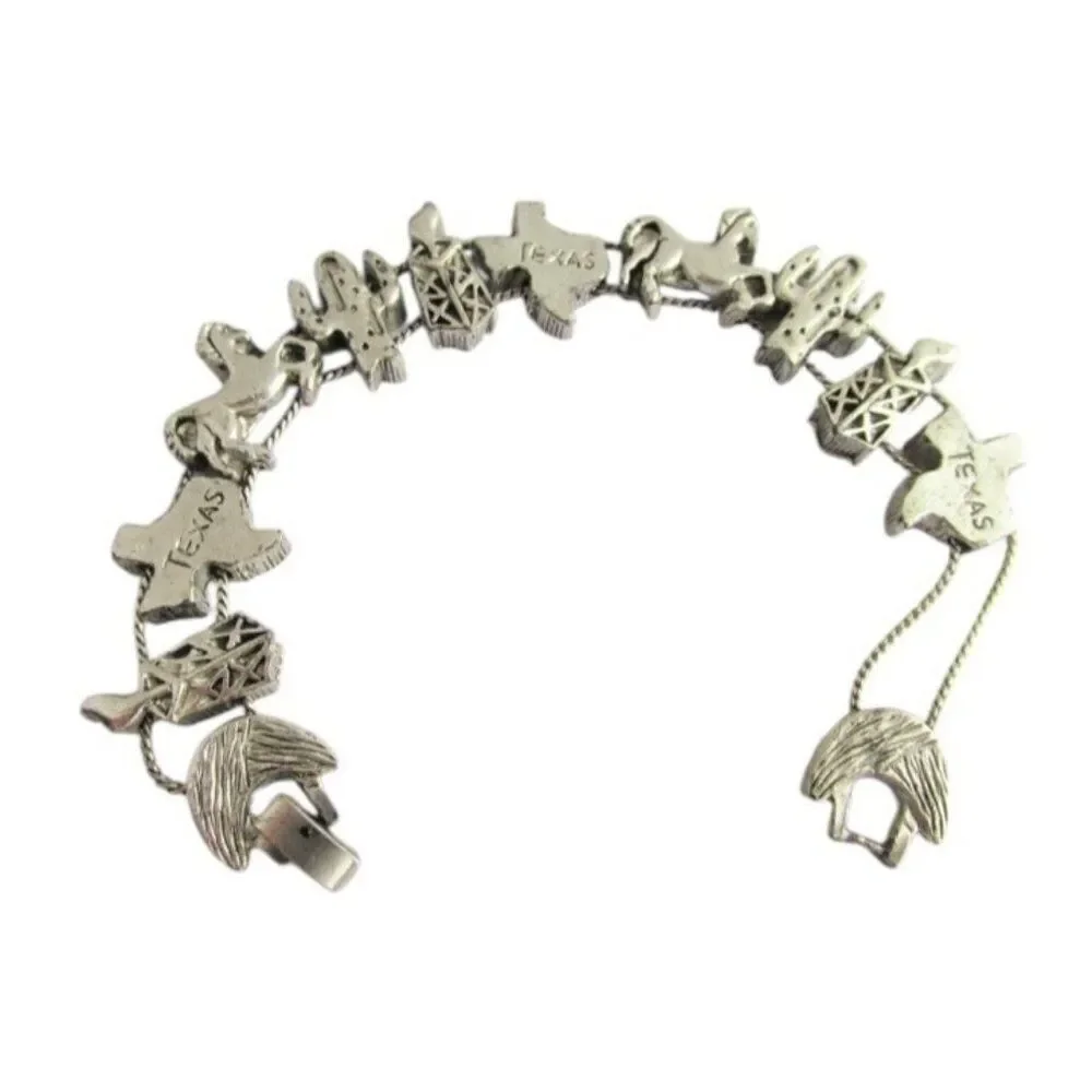 Silver Tone State of Texas Slider Charm Bracelet Cactus Oil Well Horse 1995 BG
