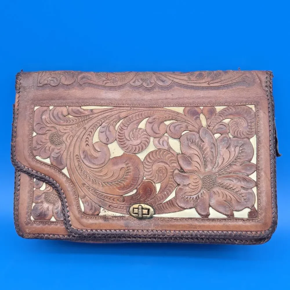 Vintage Tooled Leather Purse Floral Western Handbag Broken Strap Repair