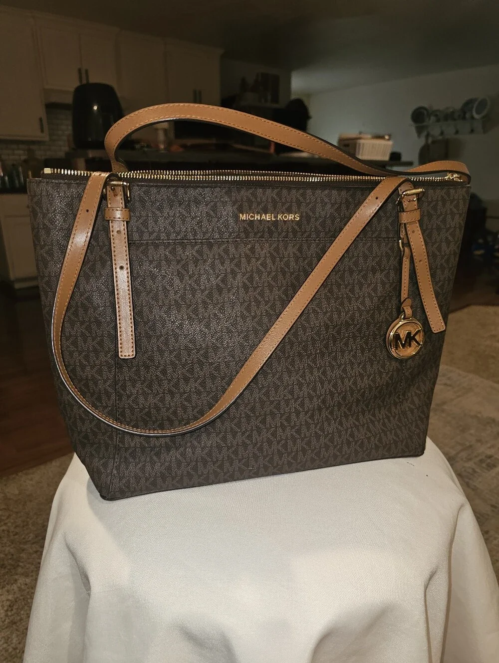 Michael Kors Brown Logo Tote Bag with Tan Trim