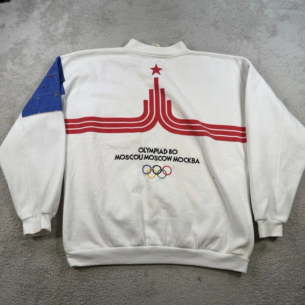 Vintage Adidas Olympics Sweatshirt Mens 2XL White Moscow 1980 Fleece Pullover