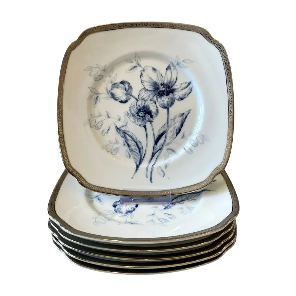 6 Charter Club Fashion Buffet Platinum Blue Floral Salad Plates 8.5in for Macy's