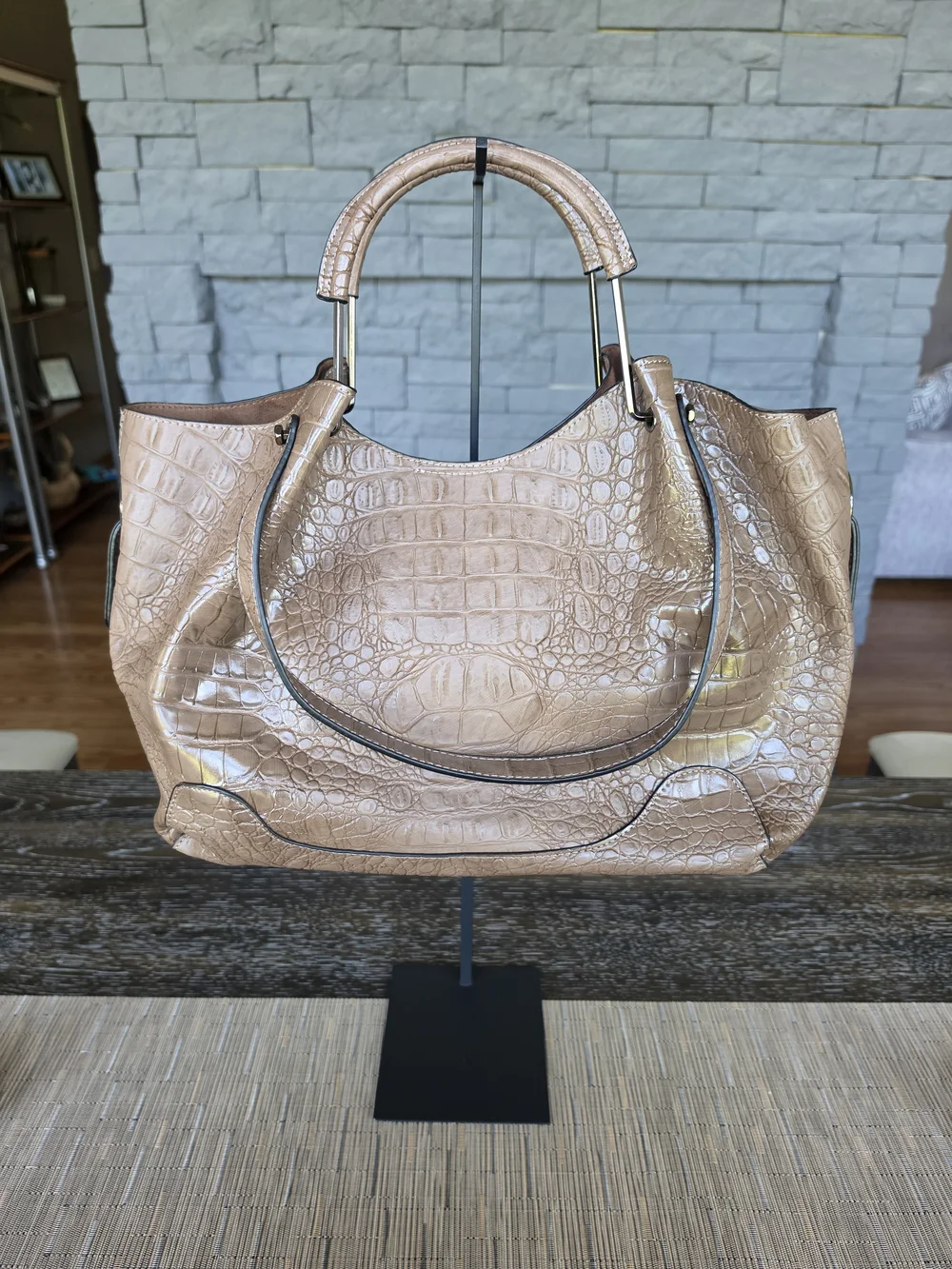 Sondra Roberts Squared Light Mocha Croc-Embossed Leather Tote Bag