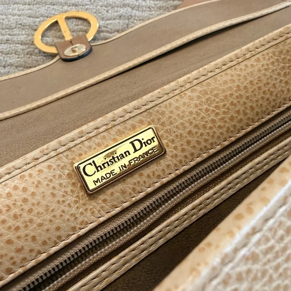 Christian Dior Vintage Tan Leather Double Handle Shoulder Bag with Gold CD Logo