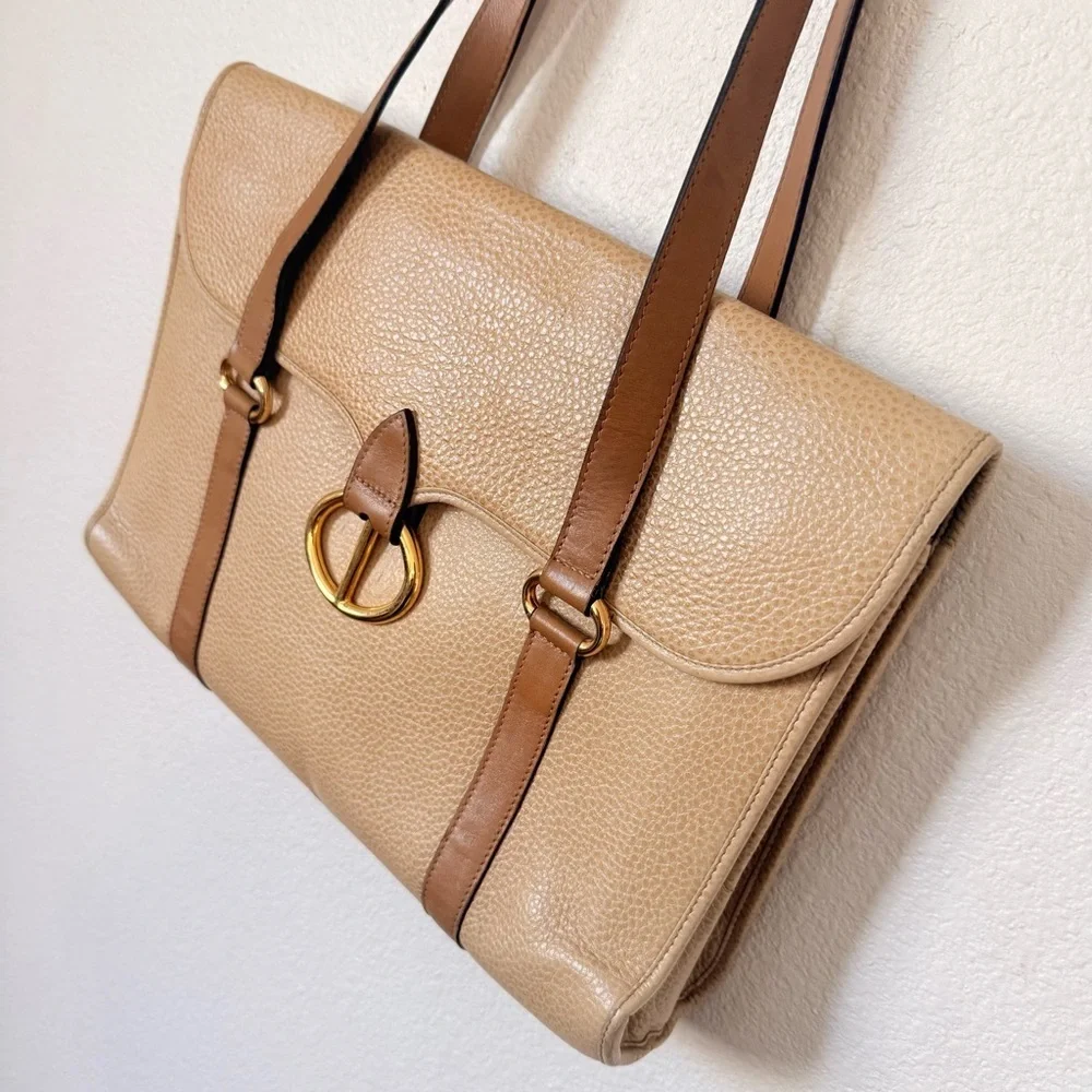 Christian Dior Vintage Tan Leather Double Handle Shoulder Bag with Gold CD Logo