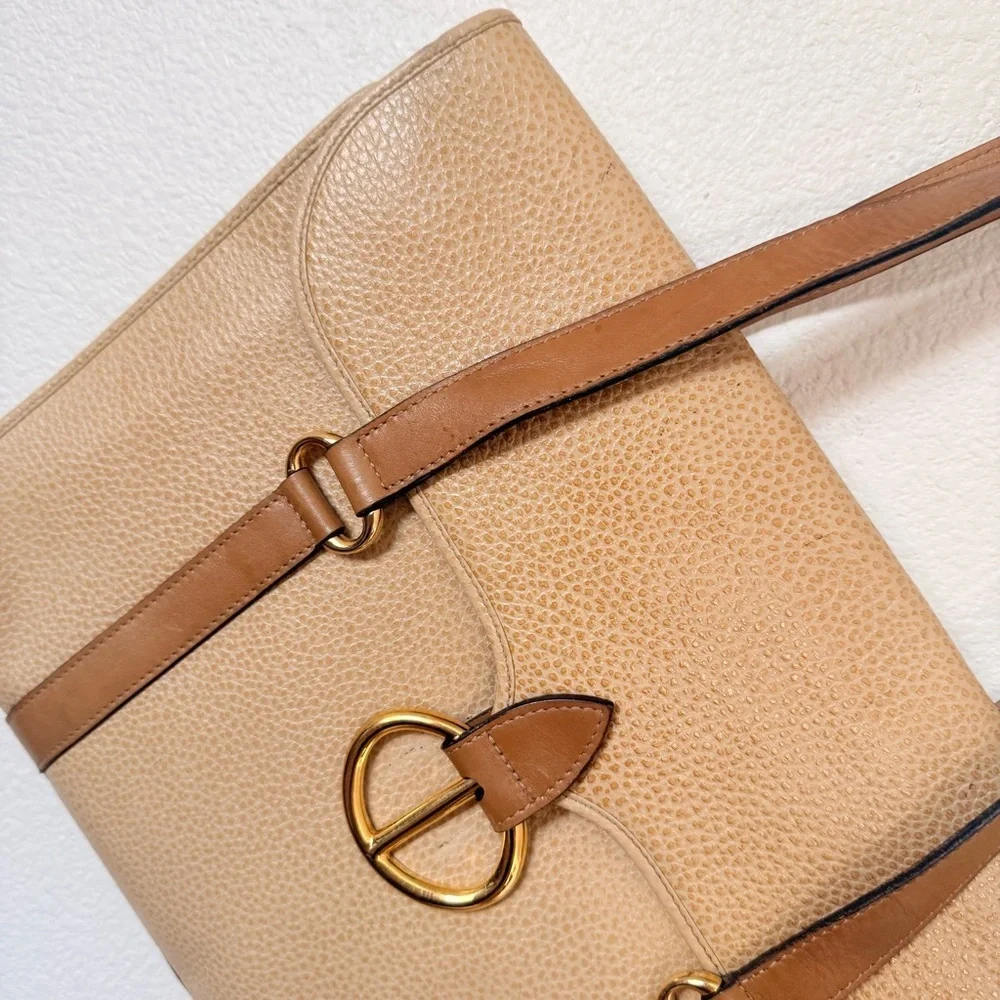 Christian Dior Vintage Tan Leather Double Handle Shoulder Bag with Gold CD Logo