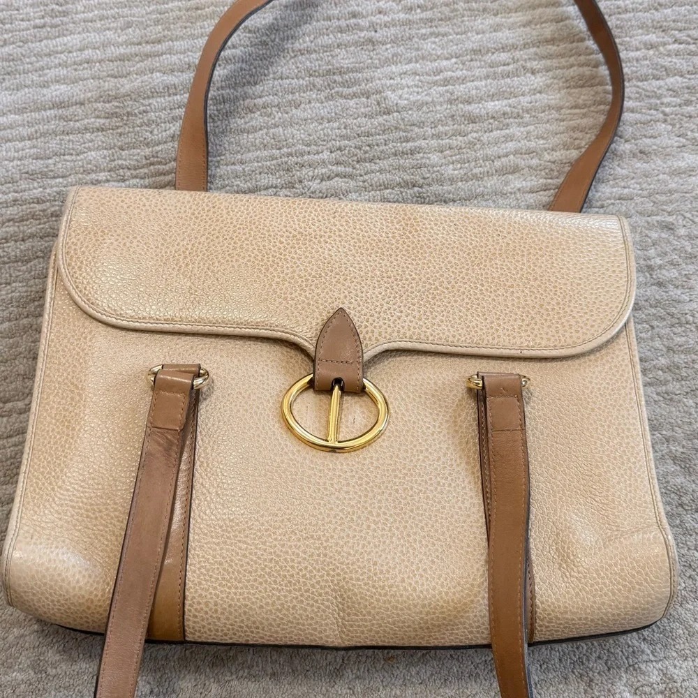 Christian Dior Vintage Tan Leather Double Handle Shoulder Bag with Gold CD Logo