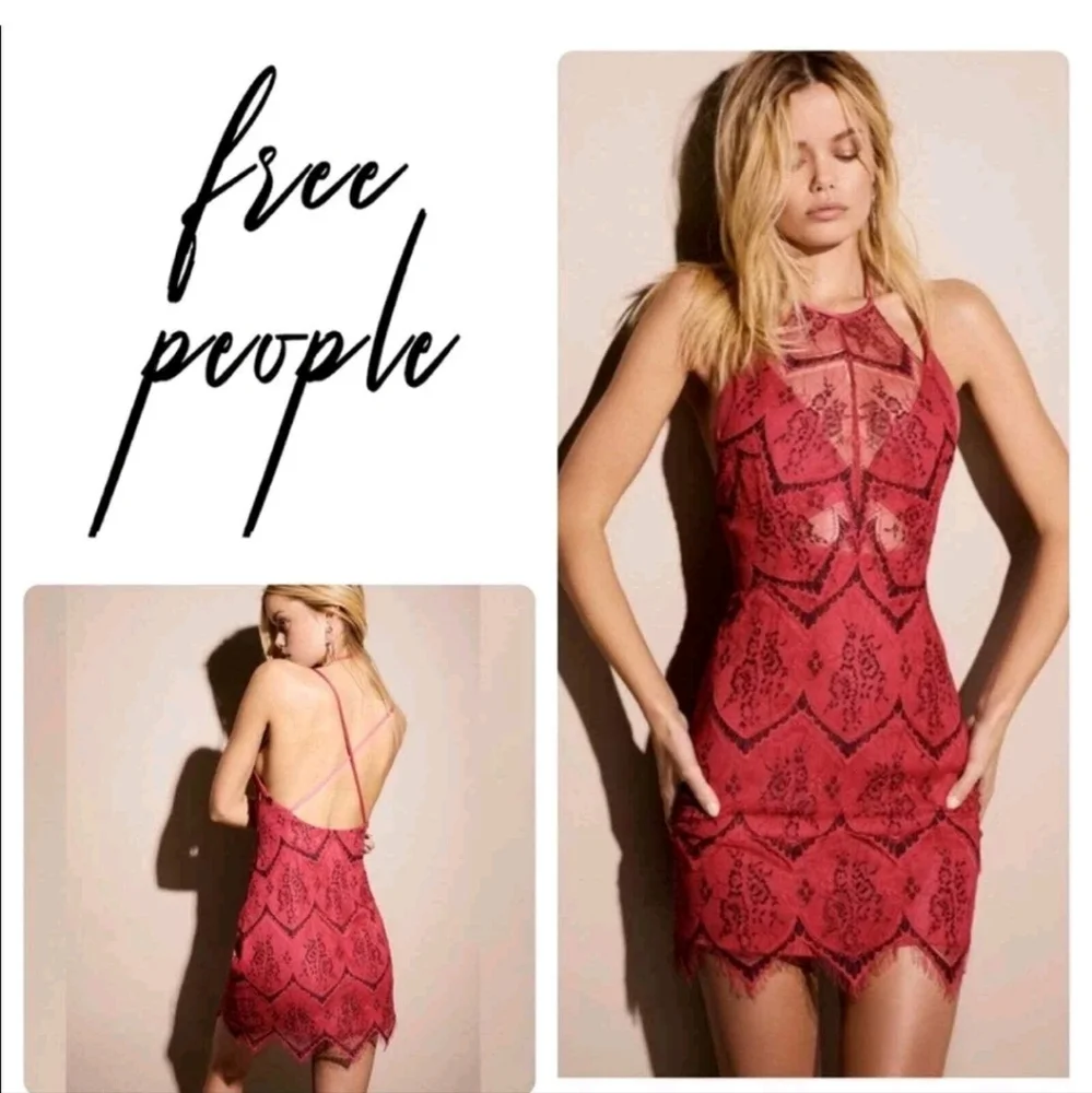 Free People Nothing Like This Hot Pink Lace Halter Mini Dress
