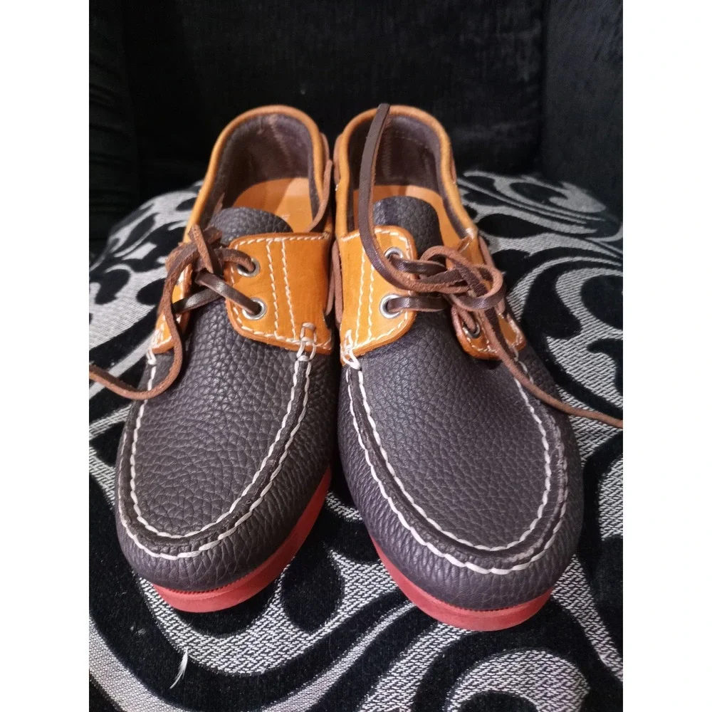 Dooney & Bourke Mens Leather Boat Shoes Brown Tan Red Sole Handsewn Portugal 8.5