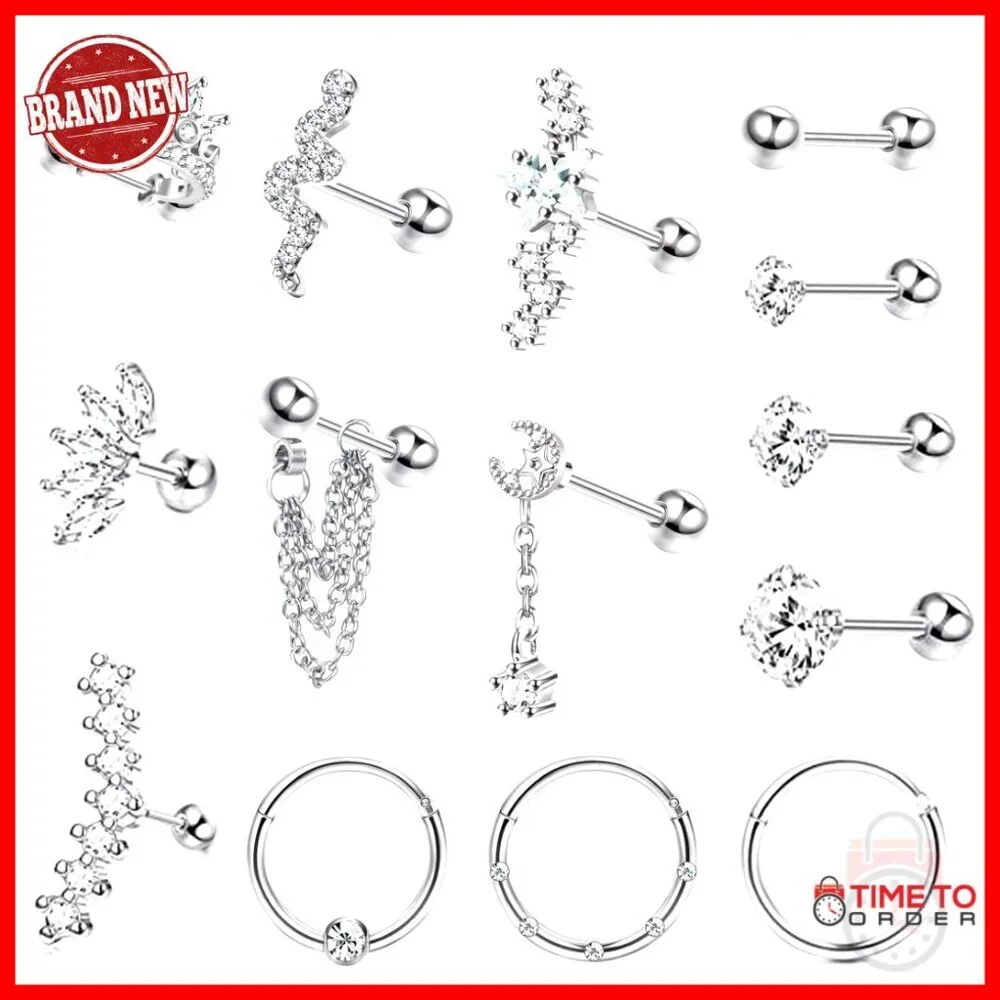 14-Piece 16G Surgical Steel Cartilage Earrings Set for Multiple Piercings