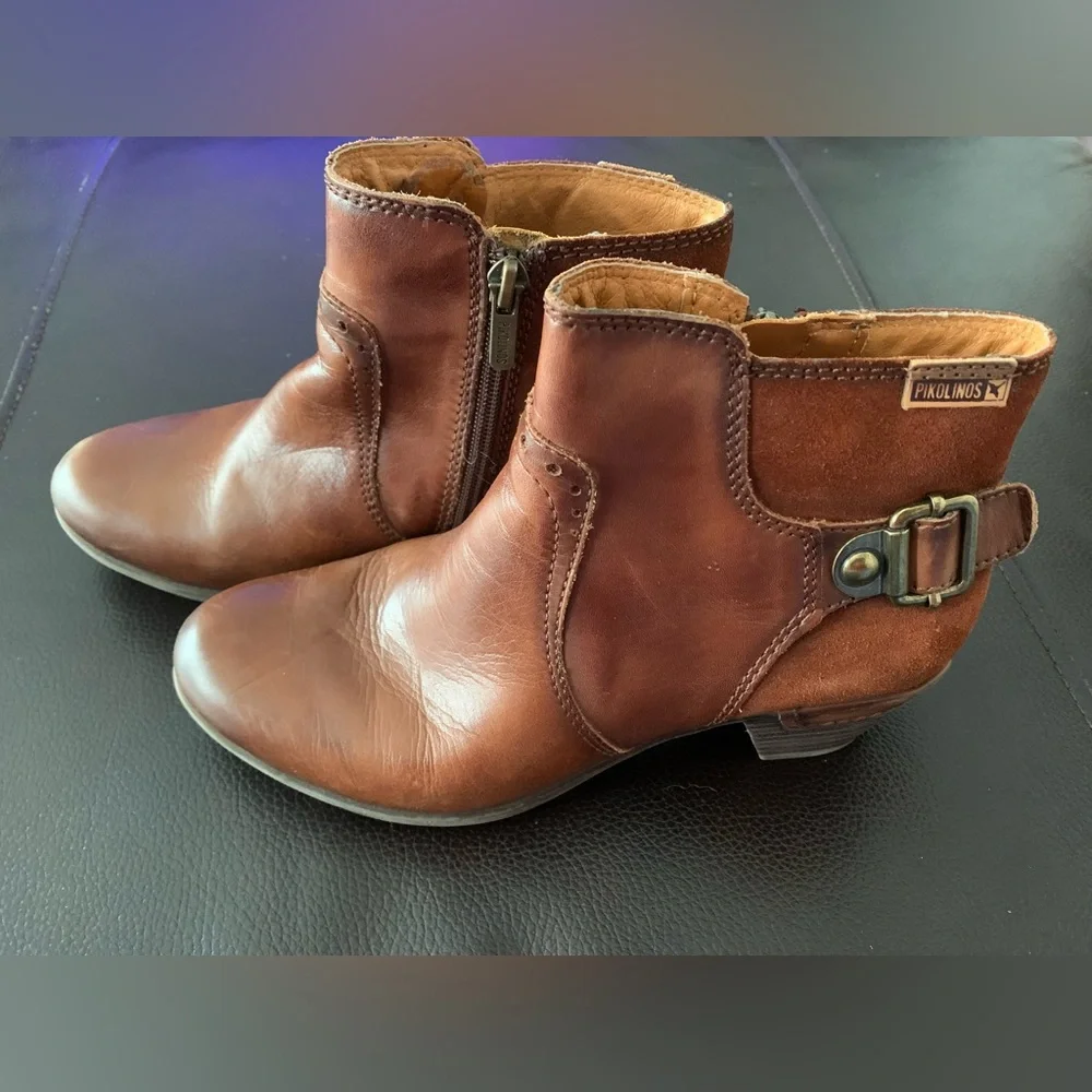 Pikolinos Women's Brown Leather Ankle Boots EU 36 US 5.6-6 Side Zip Buckle Strap