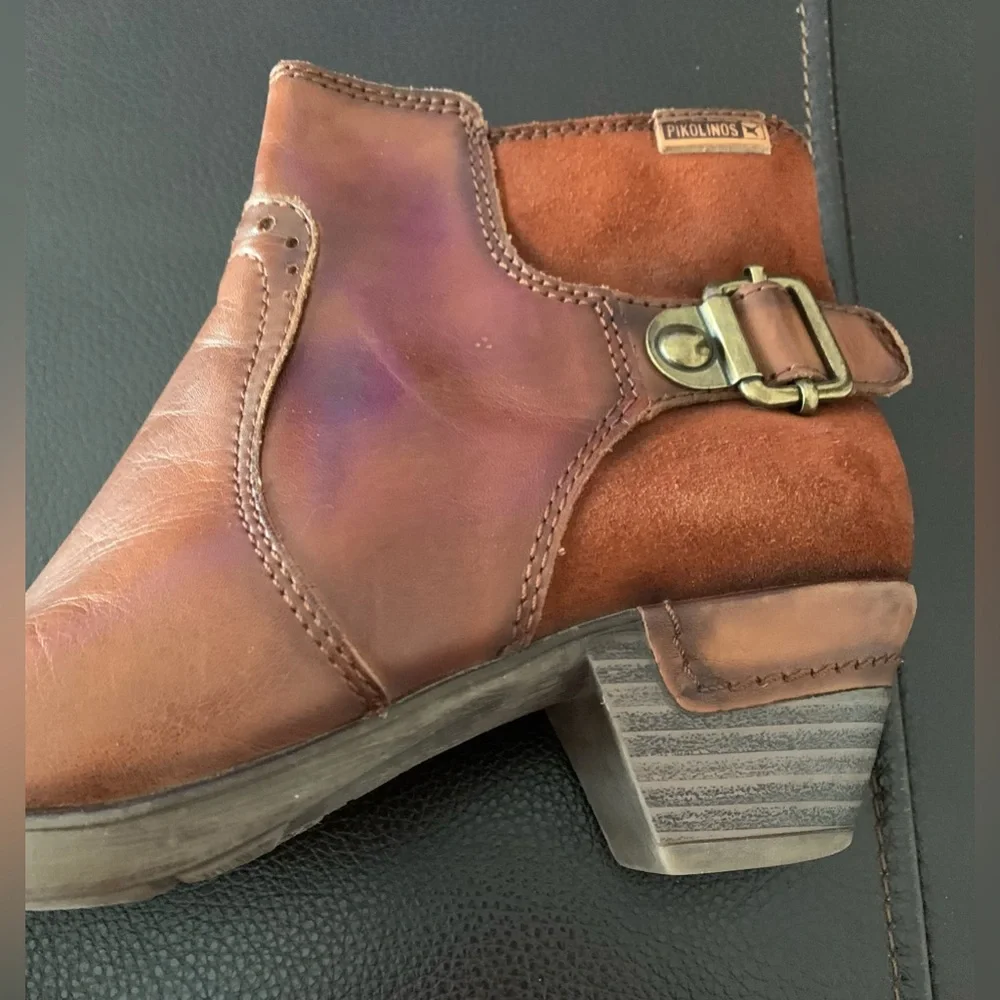 Pikolinos Women's Brown Leather Ankle Boots EU 36 US 5.6-6 Side Zip Buckle Strap