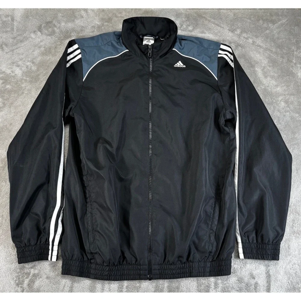 Adidas Track Jacket Mens Small Black Blue Excellent Climalite Zip Up Striped