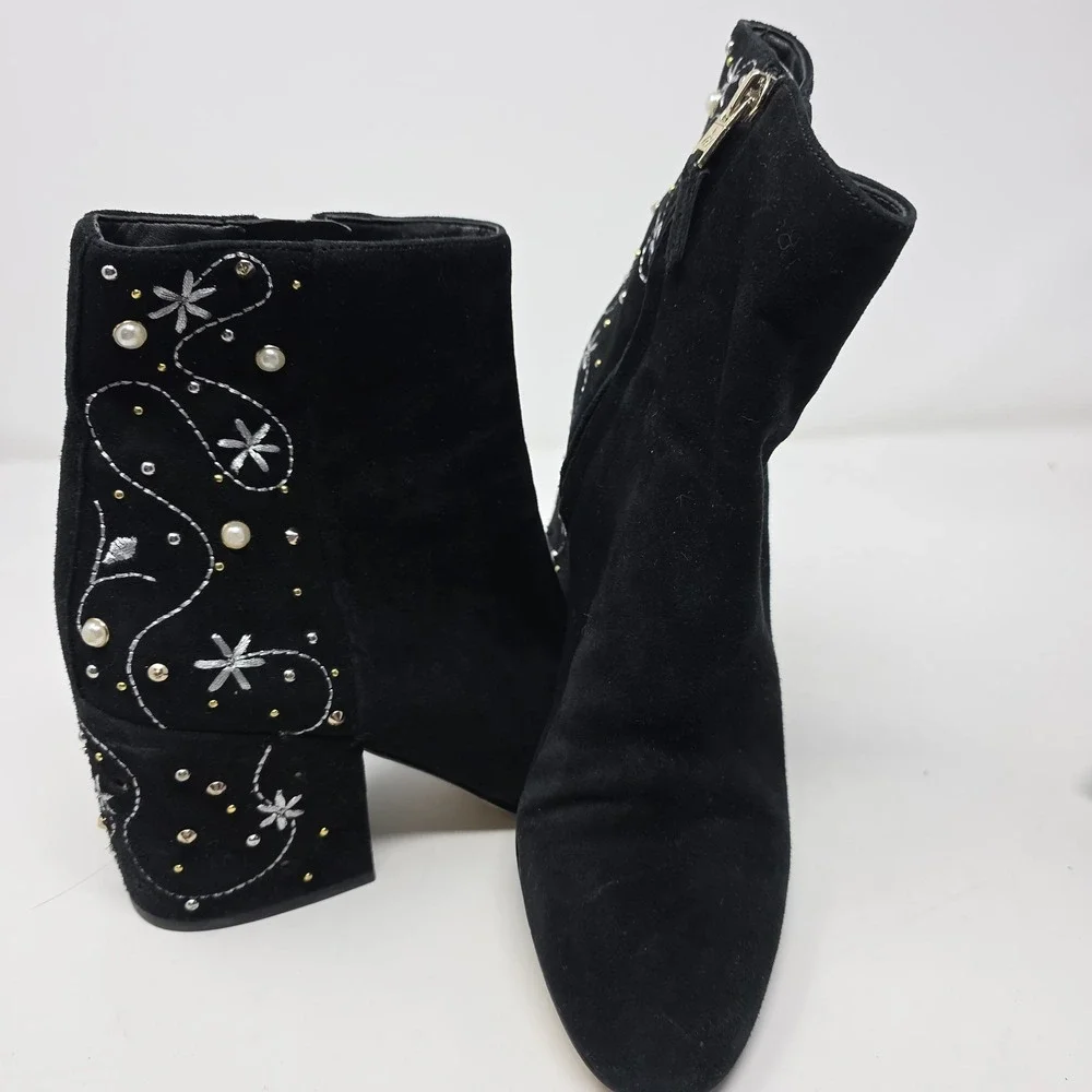 Sam Edelman Ankle Boots Womens 7.5 Black Suede Embroidered Pearl Stud Block Heel