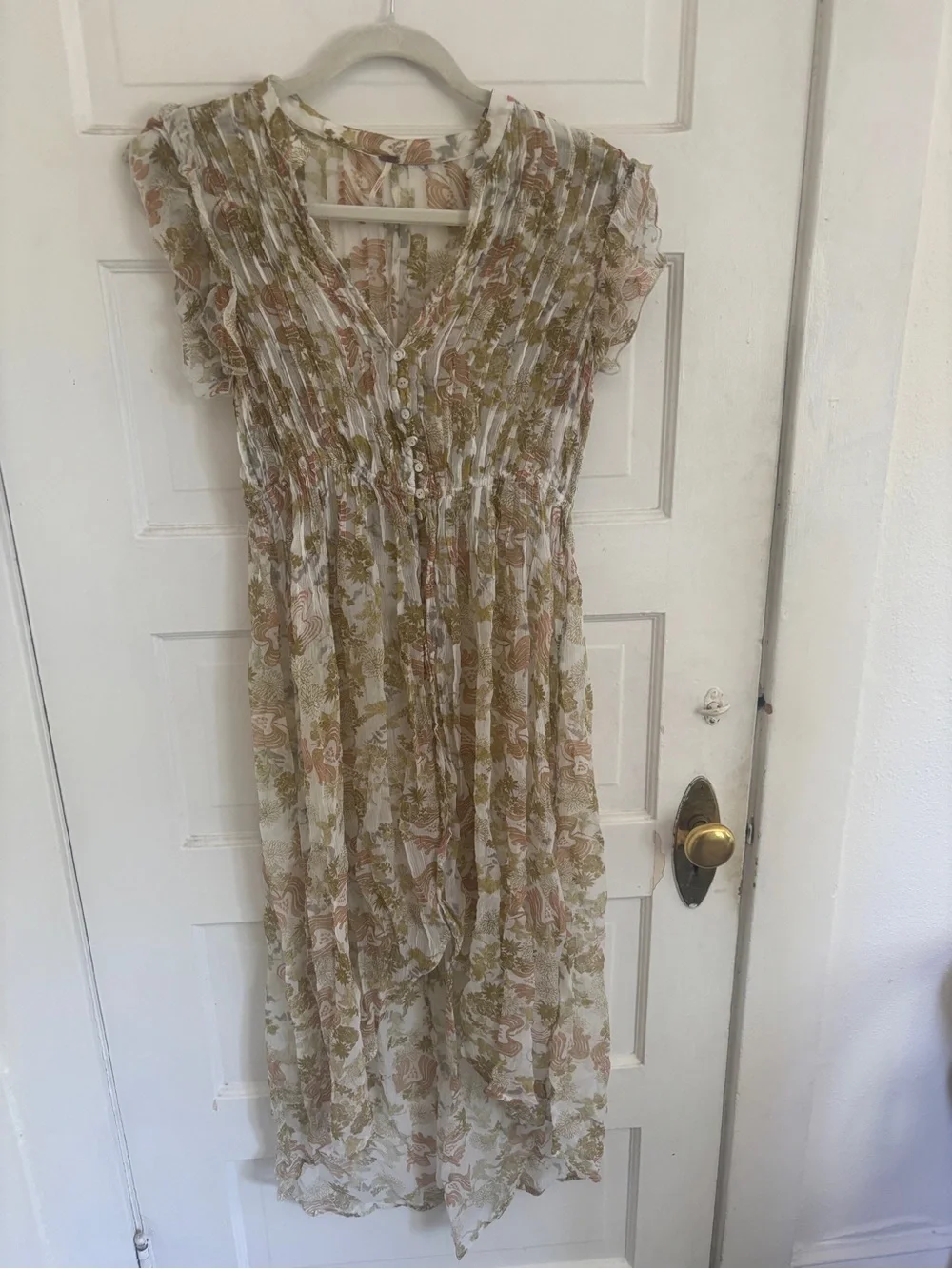 Free People Floral Smocked Flowy Layer in Cream, Olive & Blush
