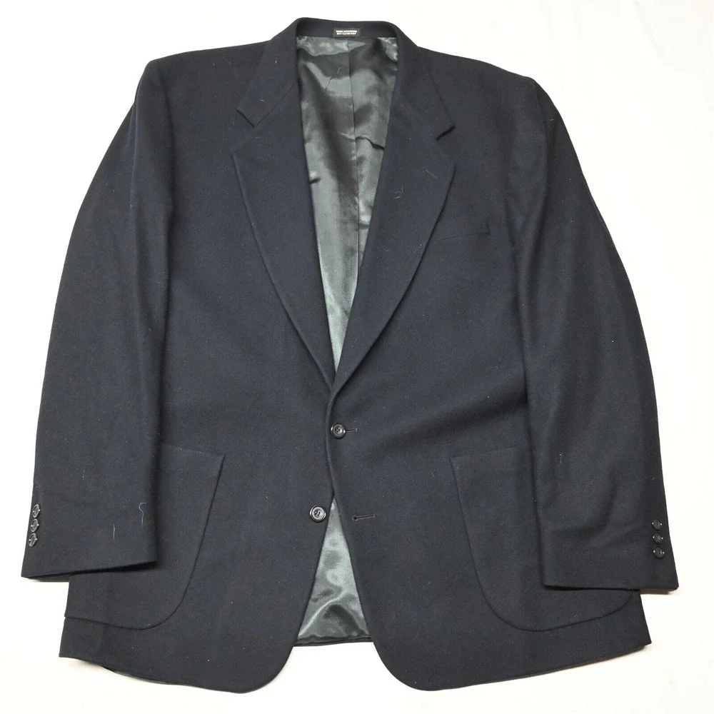 Vtg‎ Oscar de la Renta 46L Navy Blue Flannel Mens Jacket Sport Coat Blazer