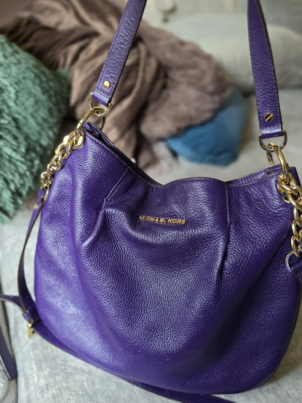 Michael Kors Fulton Hobo purple pebbled leather shoulder bag