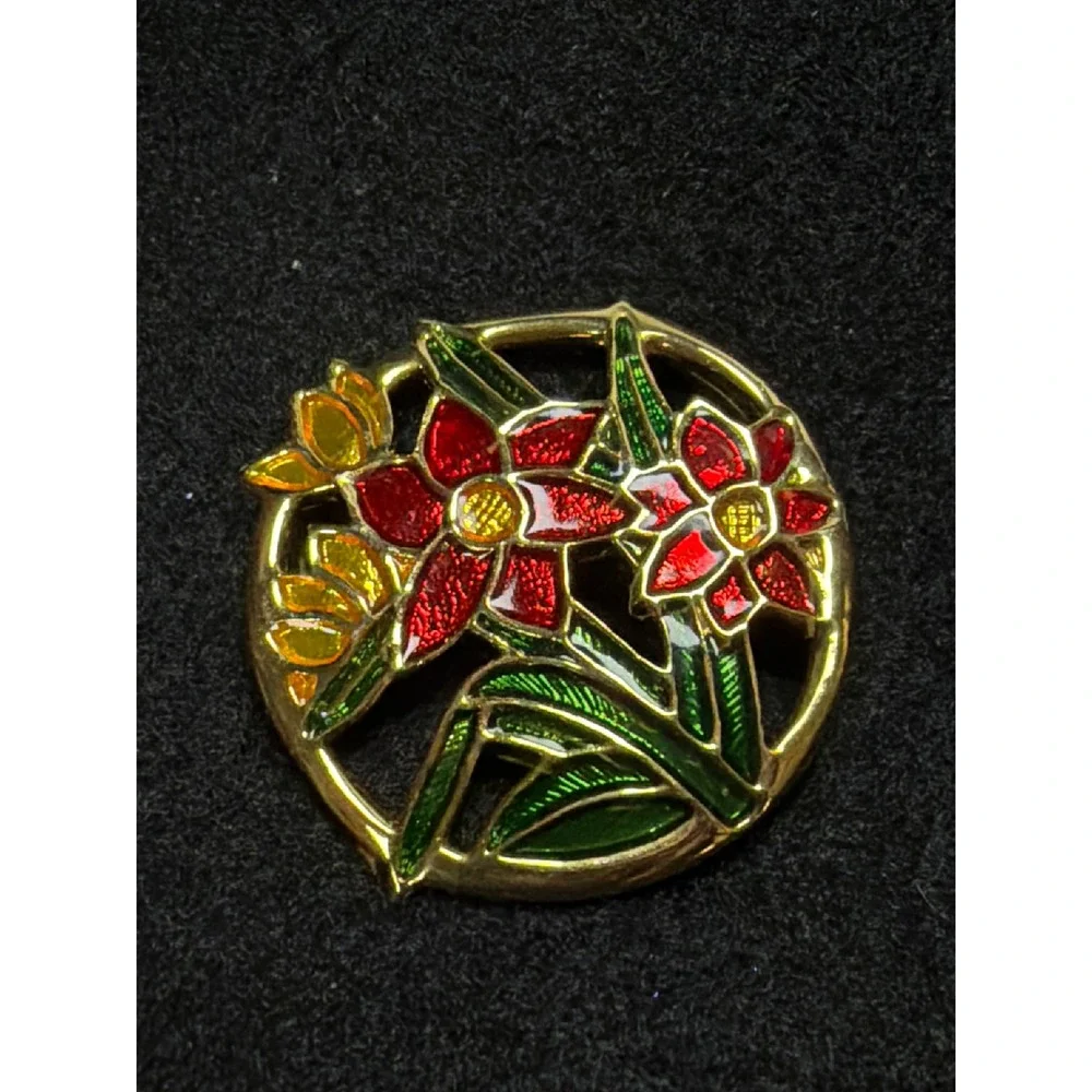 Vintage Gold Tone Red and Yellow Enamel Floral Round Brooch‎ Pin 1.25 Inch