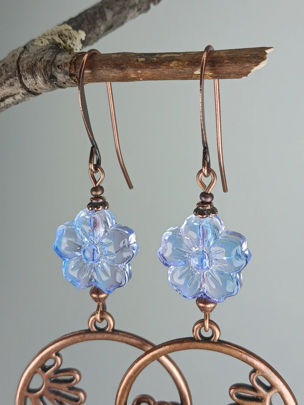 Copper Floral Hoop Earrings Czech Glass Blue Flower Boho Garden Hand Crafted
