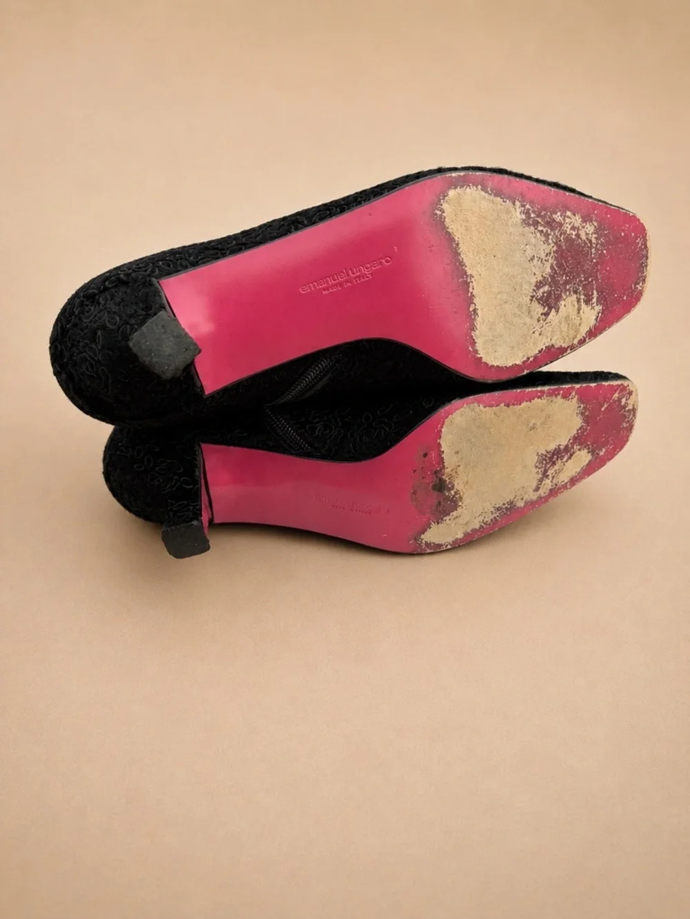 Emanuel Ungaro Paris Vintage Black Textured Kitten Heel Ankle Boots
