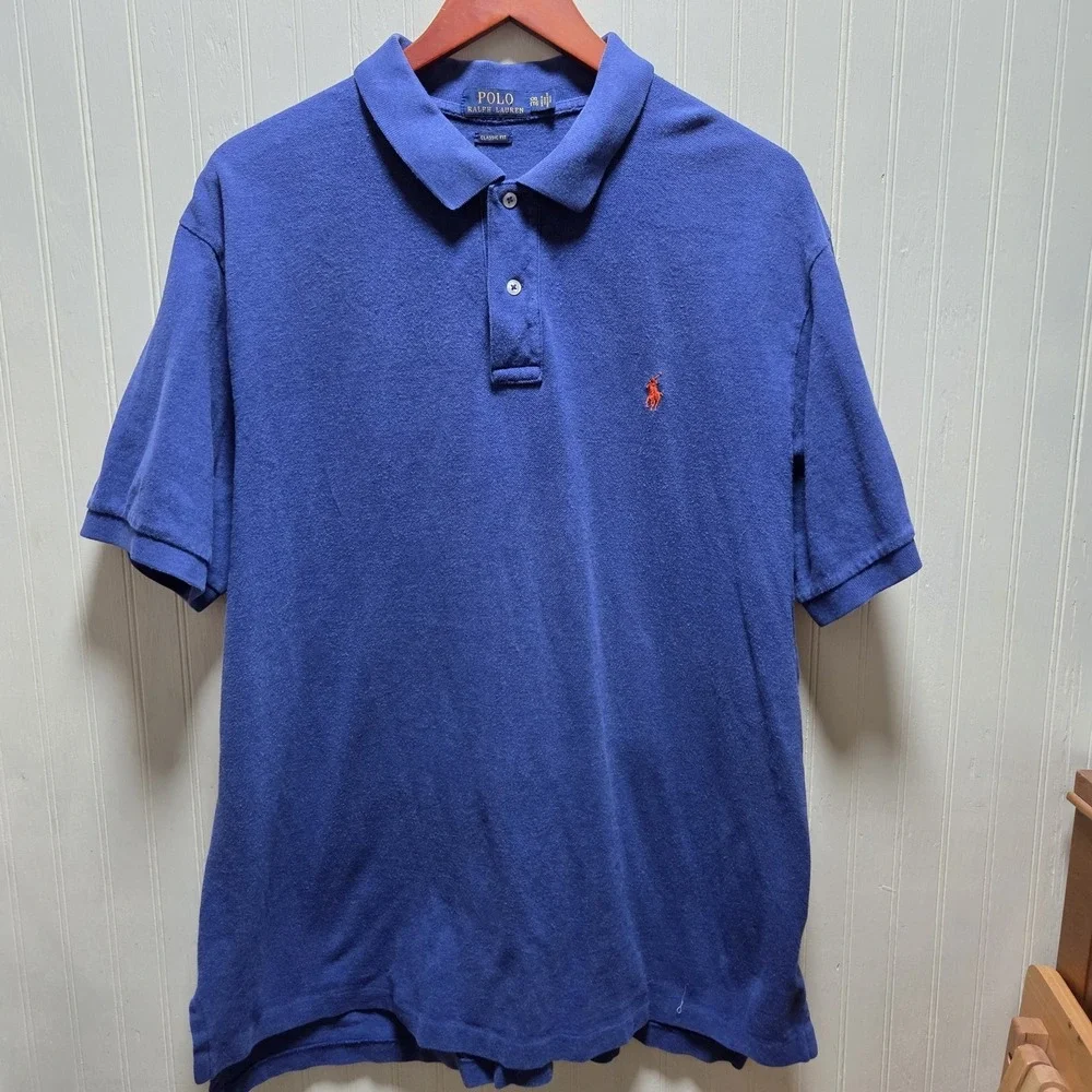 Polo Ralph Lauren Polo Shirt Mens‎ 2XL Blue Solid 100% Cotton Pony Logo Casual